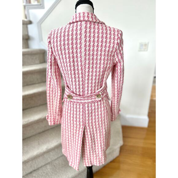 Vintage Y2K Banana Republic Pink & Cream Houndstooth Fitted Trench Pea Coat - Picture 6 of 7